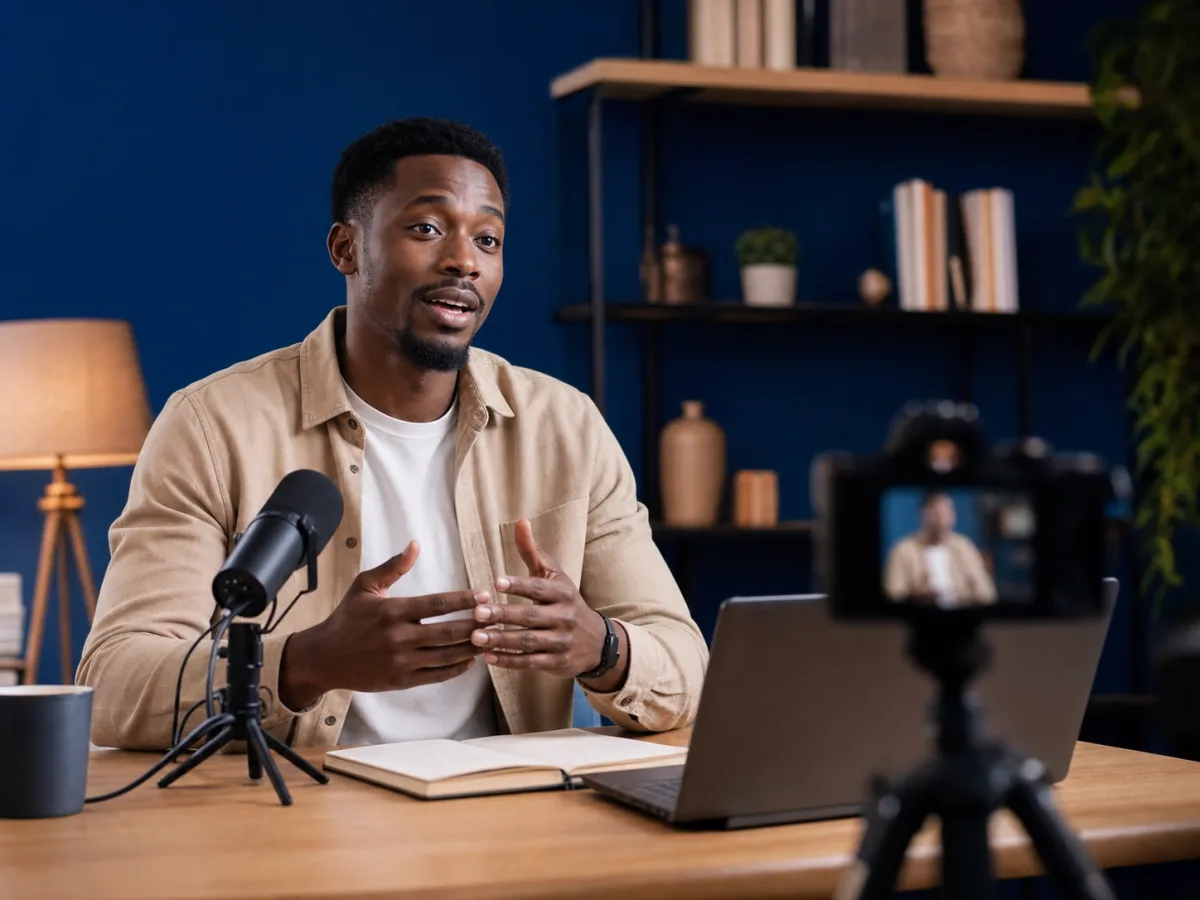 A course creator recording a lesson in his studio