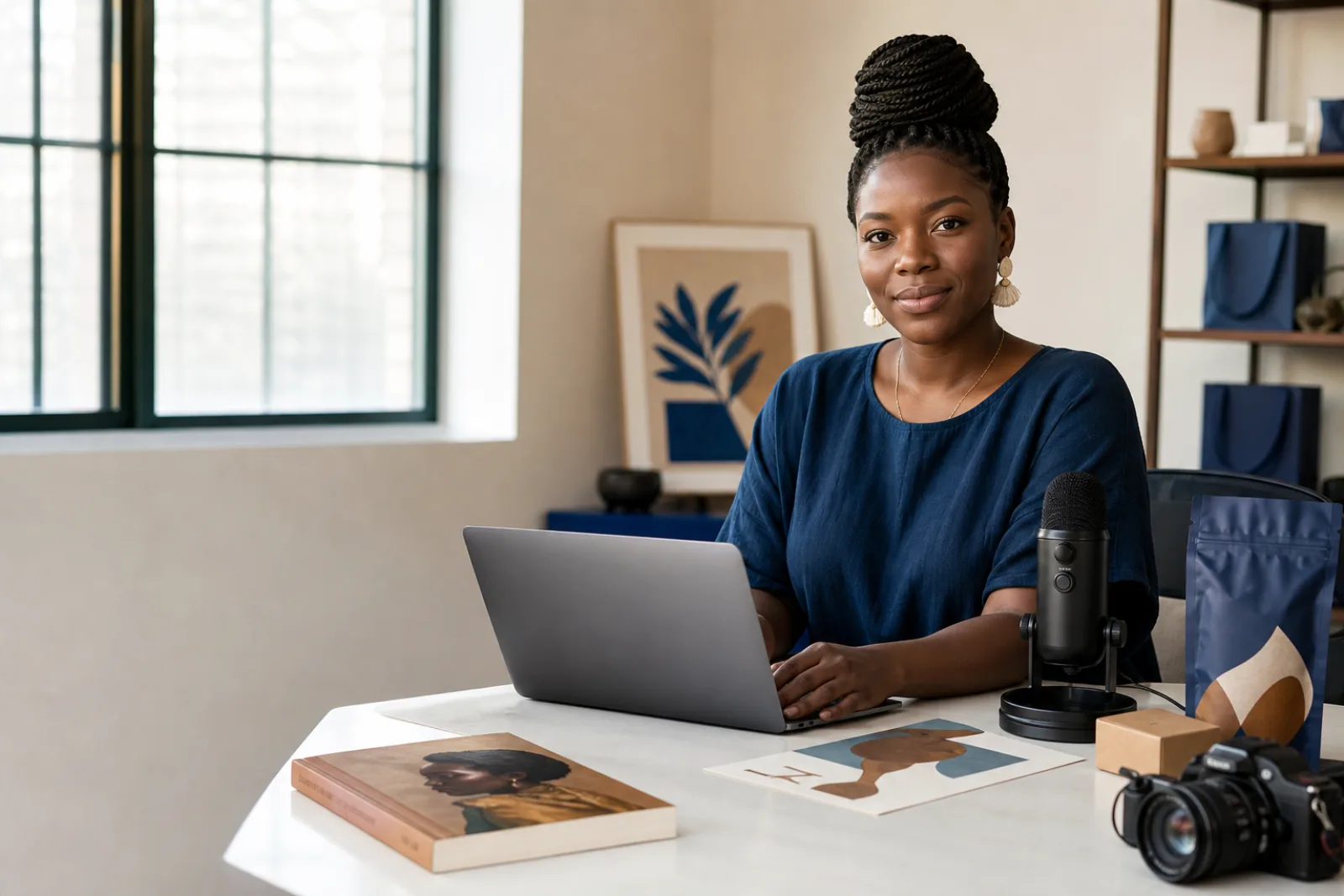 A creator managing books, digital media and physical products from one studio