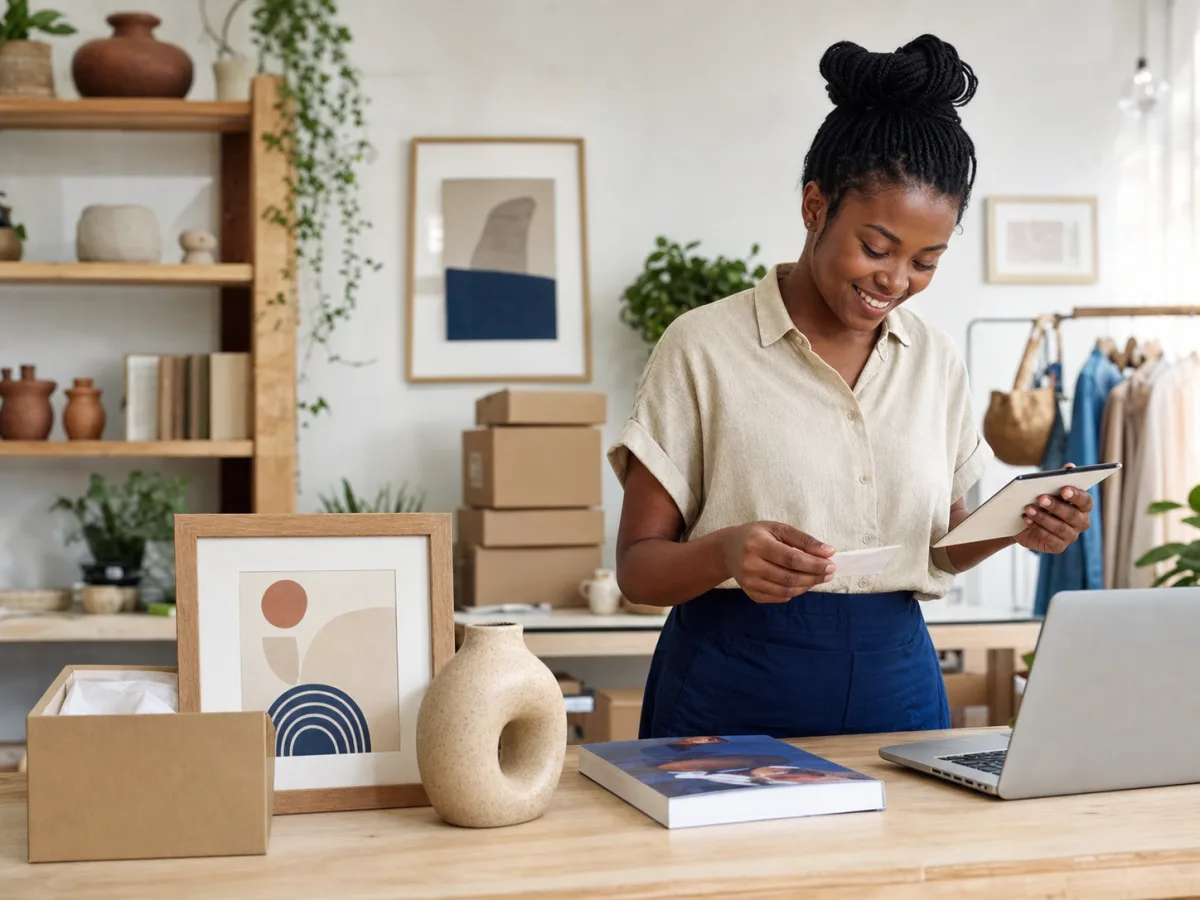 A creator managing customer orders in her product studio