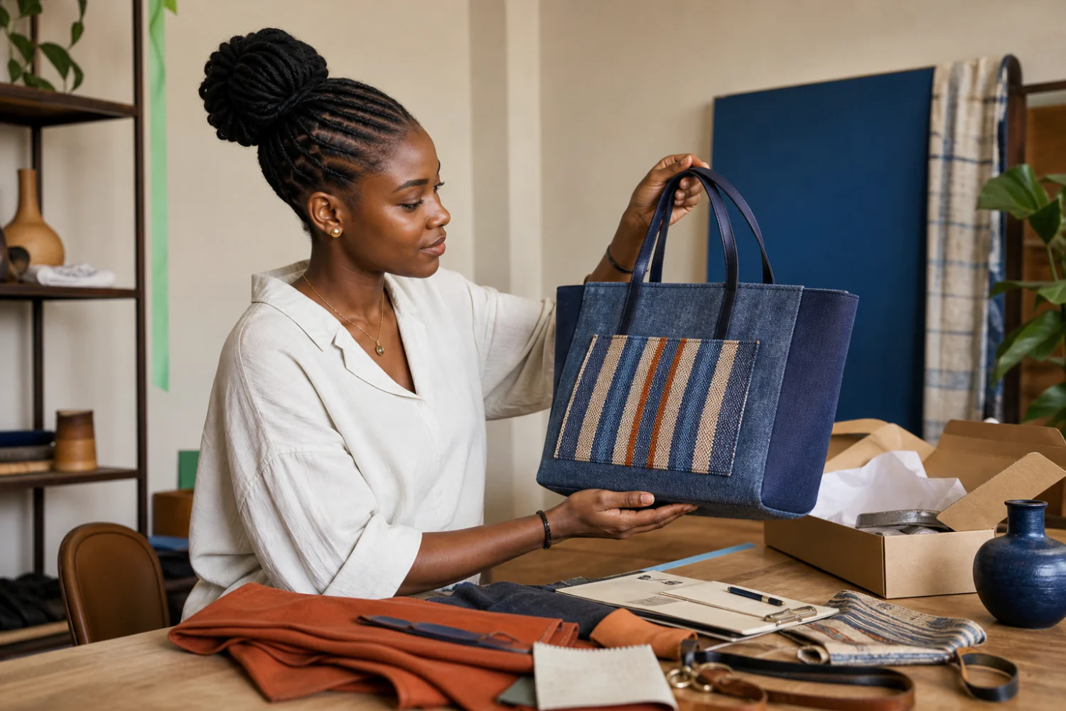 A textile creator working with indigo fabric in her studio